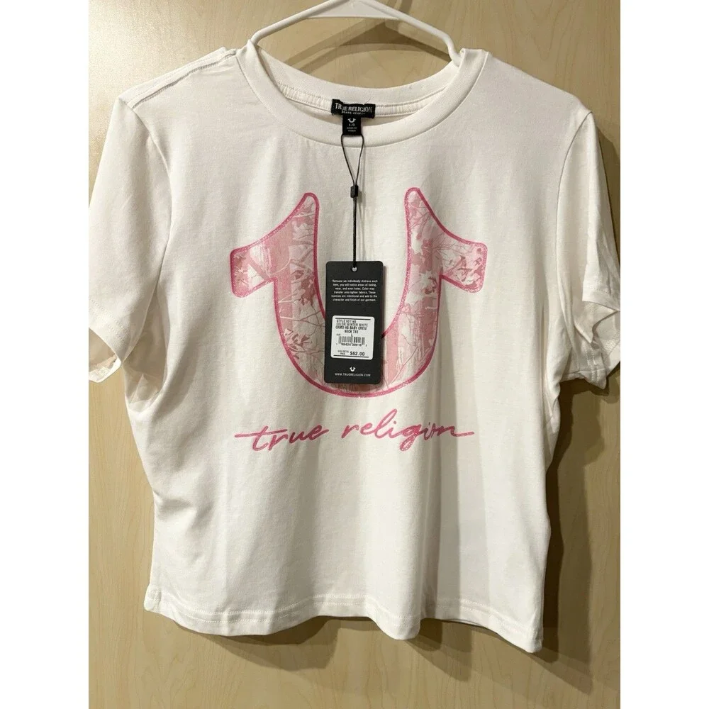 True Religion t-shirt features a pink bandana-printed horseshoe logo
